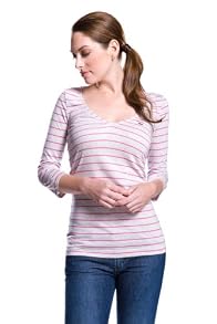 3/4 Sleeve Jersey Ruched V-neck Striped T-shirt