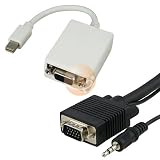 White Mini DisplayPort to VGA Male / Female Adapter + Premium VGA Monitor Extended Cable w/ 3.5 mm Audio 15 pin M/M, 10 FT