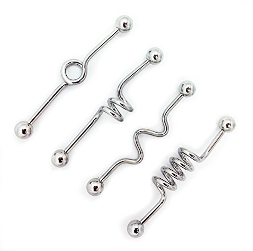 BodyJ4You Lot of 4 Industrial Barbell Kit 35mm (Coil, Wave, Twister, Spiral) 14G Cartilage Earring