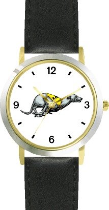 Greyhound Dog - WATCHBUDDY® DELUXE TWO-TONE THEME WATCH - Arabic Numbers - Black Leather Strap-Size-Large ( Men