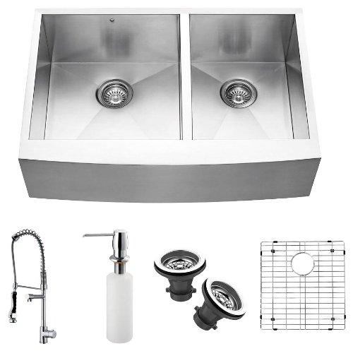 VIGO VG15090 Farmhouse Faucet Grid Two Strainers Double Bowl Kitchen Sink, Steel On Sale
