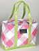 Bungalow Scout Zip-N-Tuck Tote Bag with Zipper, Pink Gingham / Green Faux Leather Trim, 12157
