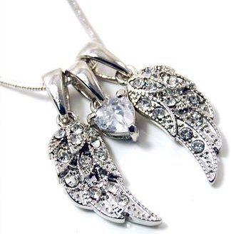 Silver Crystal Angel Wings with Cubic Zirconia Heart Charm Necklace
