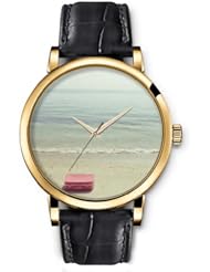 SPRAWL Aanalog Fashion Series Gold Ladies Watches of Genuine Black Leather Strap,Unique Wrist Watch for Women Girls Designed with Solitary suitcase on the beach