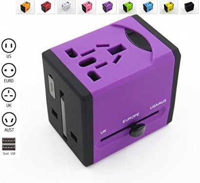 Energon BEST High Quality Universal World Travel Adapter Charger Plug, Deluxe AC Power hub, All-In-One Travel AC Adapter, Converter for all Countries, Dual USB Charging Ports, Fuse Protection (Purple)
