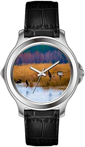 WYHJ Men's Classic Unique Black Leather Calendar Watch Flying Geese Mens Watch