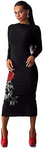 2016 Autumn Fashion Women Cosy Slim O-neck Long Sleeve Rose Designer Maxi Dress (L, black)