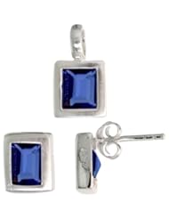 Sterling Silver Matte-finish Rectangular Earrings (8mm tall) & Pendant (13mm tall) Set, w/ Emerald Cut Blue Sapphire-colored CZ Stones