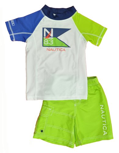 Nautica Toddler Boys White &amp; Green Color 2pc Rash Guard Swim Short Set (2T)