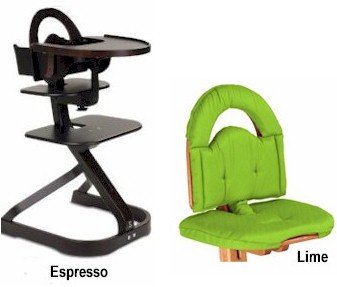 Svan High Chairs from Scandinavian Child with Infant Kit and Cushion, Lime Cushion with Espresso Wood