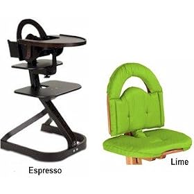 Svan High Chairs from Scandinavian Child with Infant Kit and Cushion, Lime Cushion with Espresso Wood