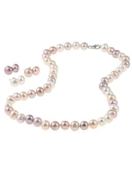 Sterling Silver 8-9mm Multi Pink Freshwater Pearl Necklace 18" Length and 3 Pairs Matching Color Stud Earring Set. Pearls Is June Birthstones.