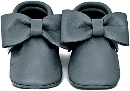 Baby Moccasins, The Coral Pear Bow Moccasin, Genuine Leather Shoes for Babies &amp; Toddlers, Grey, Size 3.5M (Babies &amp; Toddlers)