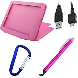 GTMax Hot Pink Durable Carrying Leather Cover Case with Stand + Micro-USB Sync & Charge Cable + Touch Screen Hot Pink Stylus Pen with Flat Tip with Carabiner Key Chain For HP TouchPad Tablet