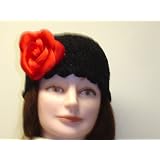 Cp155, Hand Crocheted Black Chenille Gimp Tweed Skull Cap with One Pinned Red Silk Flower for Women and Teens