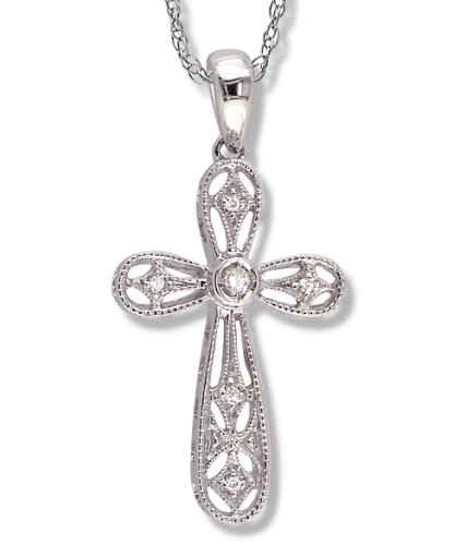 Antique Beaded Style Diamond (.05 ctw) Cross Pendant in White Gold