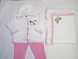 Cpk673bk, Knitted on Hand Knitting Machine White Cotton Trimmed By Hand Crochet with Raspberry Cotton Cardigan Pant Hat for Infant Girls with Matching 31x45 Blanket Trimmed with Sequin Butterfly