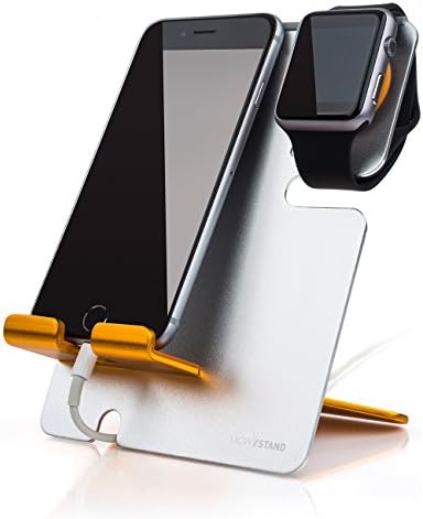 Apple Watch Stand With iPhone Dock - 2 in 1 Duo Charging Station For All iWatch and Phone Models, Best for Travel and Gifting: LXORY XStand (Silver-Orange)
