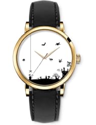 SPRAWL Aanalog Fashion Series Gold Ladies Watches of Genuine Black Leather Strap,Unique Wrist Watch for Women Girls Designed with Characters hallowen