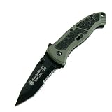 Smith & Wesson SPECS sm Special Ops Knife with MAGIC Assist Open, Serrated Black Tanto Blade and Green Aluminum Handle