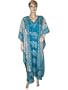 Resort Wear Womens Elephant Print Satin Crepe Caftan Kaftan Sky Blue Evening Dress