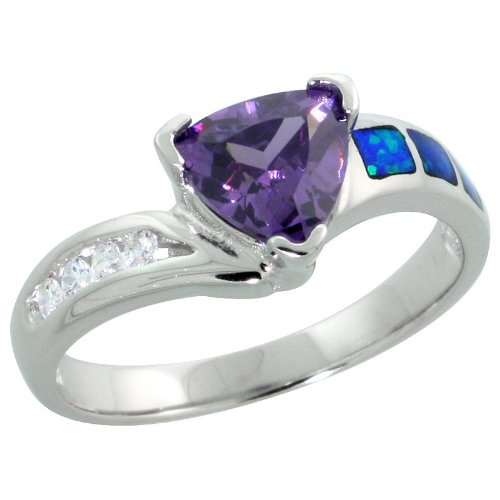 Sterling Silver, Synthetic Opal Inlay Ring, w/ Trillion Cut Amethyst CZ & Brilliant Cut CZ stone Accents, 3/8\