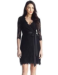 Apparel: Grapent Womens Crochet Lace 3/4 Sleeves Midi Wrap Dress Elegant Black Lining US 12