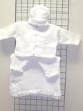 Cpk1bk, Knitted on Hand Knitting Machine Finished By Hand Crochet All White Chenille Infant Girls Cardigan Pant Hat Set Trimmed with Pearl Buttons and Matching Blanket