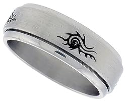 Stainless Steel 5/16 in. (8 mm) Spinner Ring w/ Tribal Pattern (Available in Sizes 7 to 14)