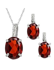 5.67 Ct Genuine Oval Red Garnet Gemstone 14k White Gold Pendant Earrings Set