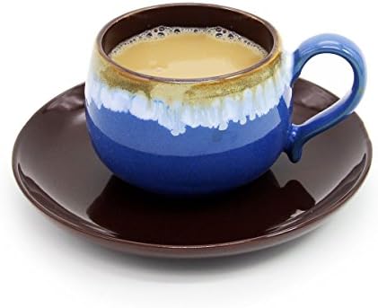 Momugs Unique Retro Hit Color Ceramic Coffee Cup with Saucer Set, 8 oz mug, Blue