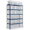 Storage Bay with 18 Plastic boxes with snap fit lids. Overall size 2060h x 1200w x 450mmd.