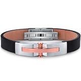 Mens Stainless Steel and Leather Bracelet with Rose Gold Rivet Accents