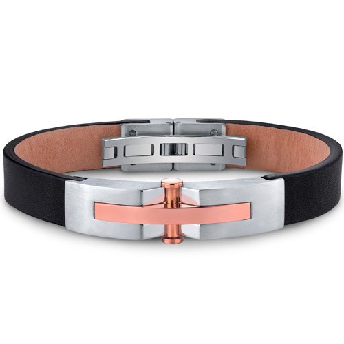 Revoni – Bracelet Homme – Cuir – Acier inoxydable – Rayure Or Rose Revoni – Bracelet Homme – Cuir – Acier inoxydable – Rayure Or Rose