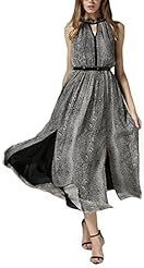 V-neck  Slit Halter Sleeveless Chiffon Jumpsuit/Maxi Dress  With Ruffles