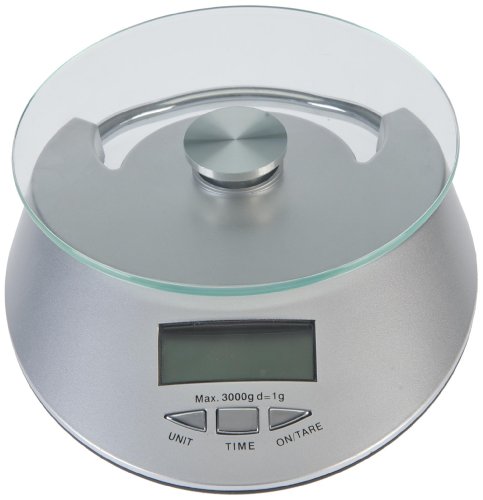 Top Hit 253910 K&uuml;chenwaage Digital, mit zuwiegefunktion und integrierter Uhr, silberfarben, Teilung: 1 g, Tragkraft: 3 kg