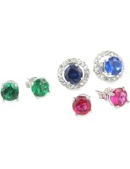 Sterling Silver White Topaz Round Earrings Jacket with Multi-Gemstone Stud Post Earrings Set