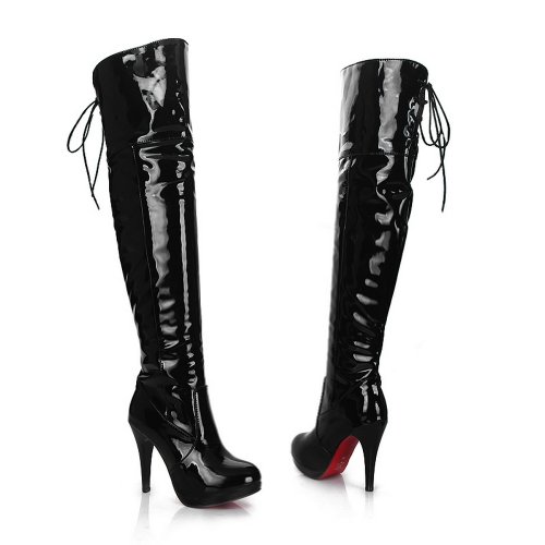 QueenFashion Women's Sexy Style Solid Stiletto High Boots with Lace-up and Zipper,Black,39