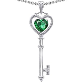 Buy CandyGem 14k White Gold Lab Created Heart Shape Emerald and Genuine Diamond 1.25 inch. Love Key...