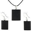 Black Jasper Dome Rectangle Shaped Pendant and Earrings Set - Pendant - 18x22mm, Earrings - 14x18mm - Adjustable Cord Necklace
