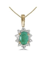 14k Yellow Gold Oval Emerald And Diamond Pendant with 18" Chain