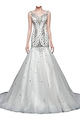 V-neck Natural   Waistline Tulle Mermaid Spaghetti Strap  Lace-Up Wedding Dress  With Rhinestones