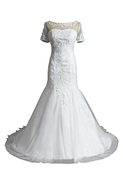 Sexy Short Sleeves Mermaid Organza/Satin/Taffeta Belted Lace Wedding Dress  with a Court Train 