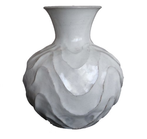 益子焼　宮島正行作　白掛鉄扁瓶　波模様の白い花瓶　White vase with wave pattern