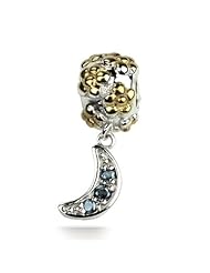 Best Charm Gift , Sterling Silver and 18k Yellow Accent Flowers and Crescent Moon with Blue Topaz , Fits Pandora and All Barnds Charm Bracelets and Necklaces.