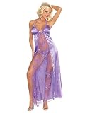 SeXy Halter Nightgown Lace Long Night Gown with High Cut slits Open Cup Detail Matching Thong Lilac Size Small