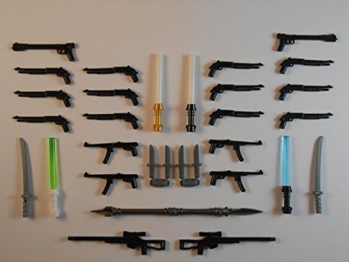 OnQbricks Guns for Lego Minifigures. Lot of 31. New!! Sniper rifle shotgun GLOW IN THE DARK Star Wars Batman Knifes Indiana Jones Swords Weapons Toys Accessories Lightsabers