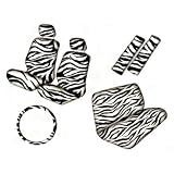 Safari Animal Print Auto Interior Gift Set - 2 Zebra Low Back Front Bucket Seat Covers with Separate Headrest Cover, 1 Zebra Steering Wheel Cover, 2 Zebra Shoulder Harness Pressure Relief Cover, and 1 Bench Cover
