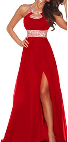 Audrey Bride Charming Beaded Bridesmaid Long Split Side Prom Evening Dress-4-Red