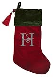 Christmas Stocking Red & Green Velvet w/Tassel, Rhinestone Monogram H